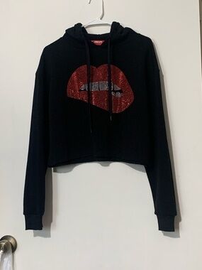 Cropped Black Hoodie with Red Lip Crystal Motif - Women's Top